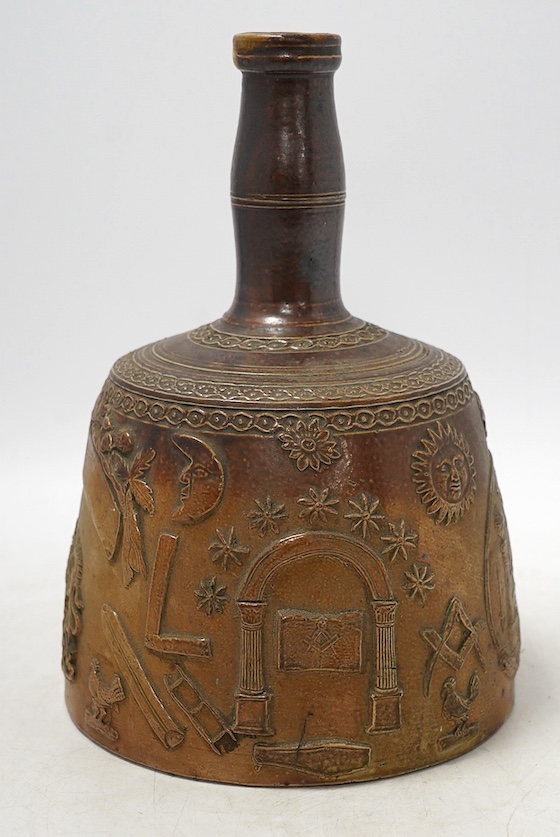 A mid 19th century Masonic stoneware mallet shaped bottle, 24cm high. Condition - good